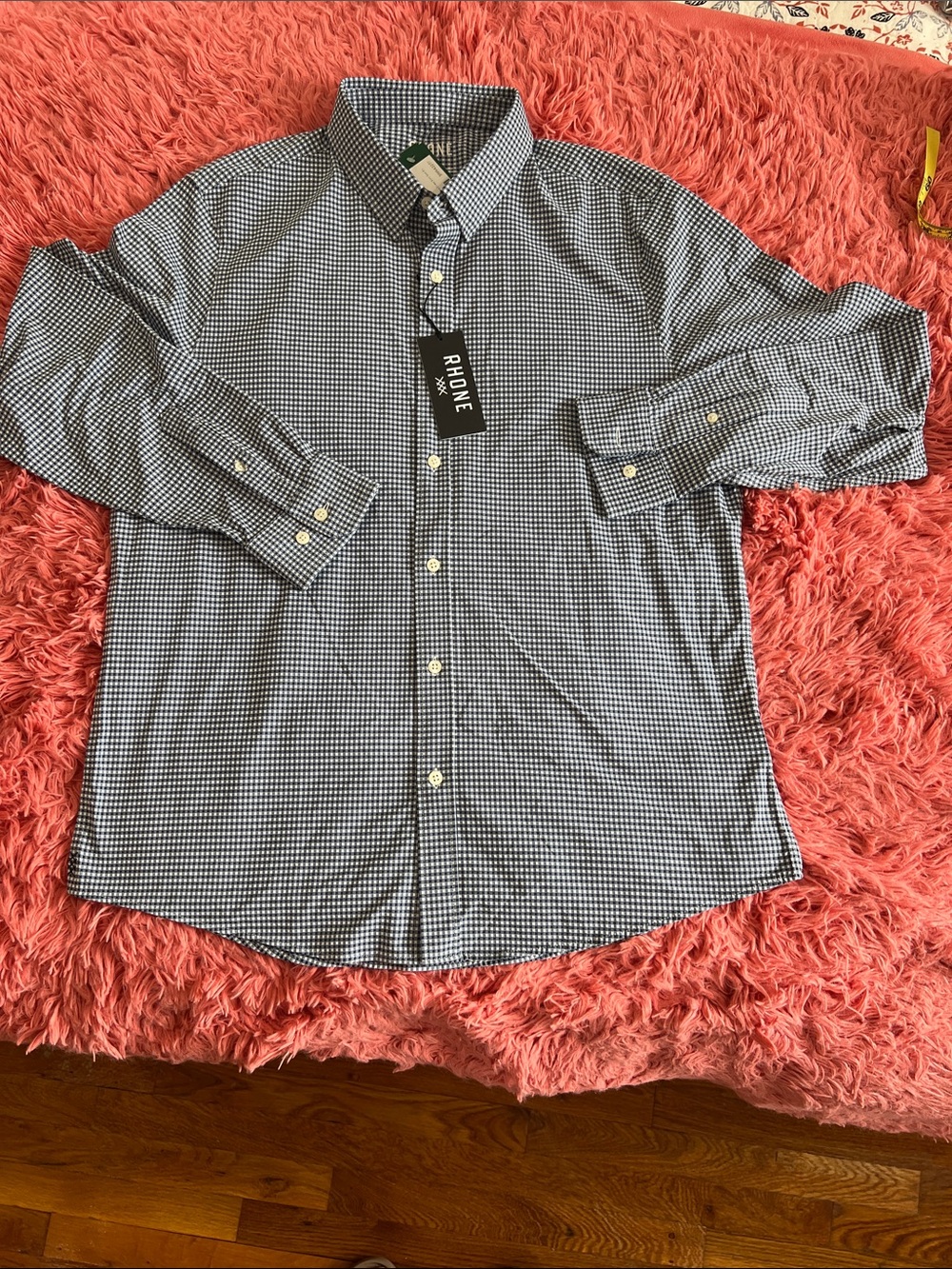 RHONE Commuter Long Sleeve Men’s Navy and White Gingham Button-Down Shirt Slim